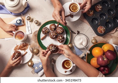 Advent Time. Family Tea Party With Homemade Muffins