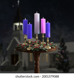 Advent Wreath( Aka Advent Crown) -  4 Candles Representing 4 Weeks Of Advent Plus 1 Centered White Candle Traditionally Lit On Christmas Eve Or Christmas Day.