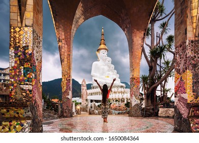 Adventure Asian Beautiful Tourist Women Travel In The Buddha Temple Back View In Bangkok Thailand