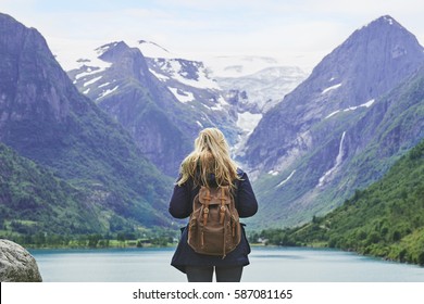 Adventure Backpacking Woman Enjoying View Of Majestic Mountain Lake Explore Travel Discover Beautiful Earth