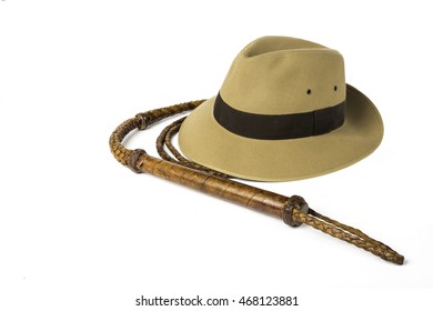 Adventure Concept. Fedora Hat And Bullwhip Isolated