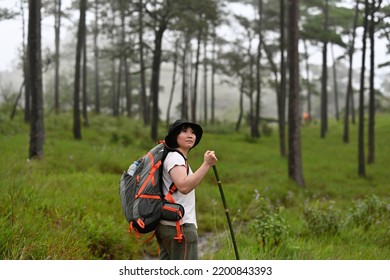 Adventure And Explorer Concept, Asian Woman Hiker With Backpack Journey In The Rain Forest.