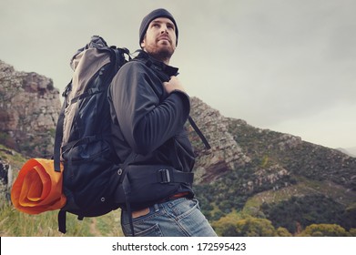 Adventure Man Hiking Wilderness Mountain With Backpack, Outdoor Lifestyle Survival Vacation