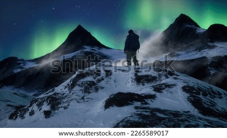 Adventure Man on top of Rocky Mountain Landscape. Nature Background. Cloudy Sky at Night with stars and norther lights. 3d Rendering.
