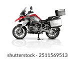 adventure motorcycle 1200cc engine with red and white graphics and white background