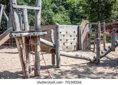 Adventure Playground With Wooden Frames And Wire Ropes