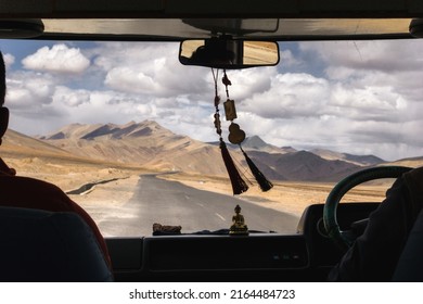 Adventure road trip on the vast mountain plateau of Central Asia, near Ladakh on Tibetan plateau