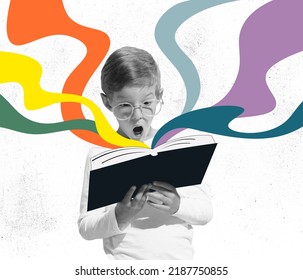 Adventure story. Surprised little boy with shocked expression reading book, story isolated over colorful background. Concept of education, childhood, imagination, artwork, inspiration and ad - Shutterstock ID 2187750855