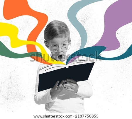 Adventure story. Surprised little boy with shocked expression reading book, story isolated over colorful background. Concept of education, childhood, imagination, artwork, inspiration and ad