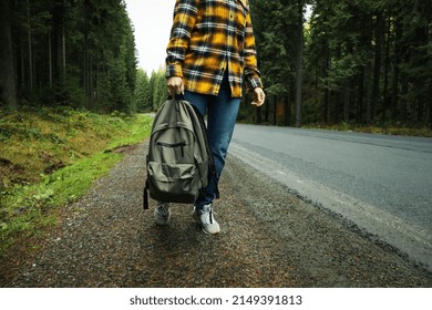 Adventure And Tourism Concept, Young Woman Traveling By Auto Stop