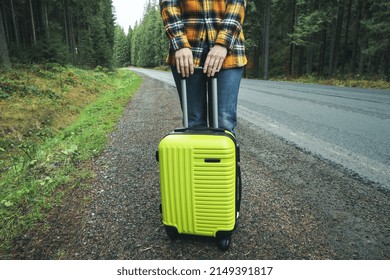 Adventure And Tourism Concept, Young Woman Traveling By Auto Stop