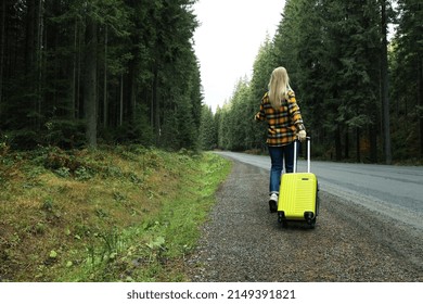 Adventure And Tourism Concept, Young Woman Traveling By Auto Stop