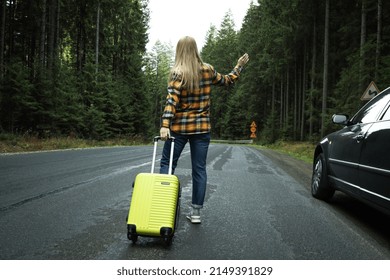 Adventure And Tourism Concept, Young Woman Traveling By Auto Stop