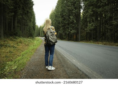 Adventure And Tourism Concept, Young Woman Traveling By Auto Stop