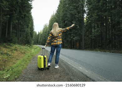 Adventure And Tourism Concept, Young Woman Traveling By Auto Stop