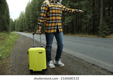 Adventure And Tourism Concept, Young Woman Traveling By Auto Stop