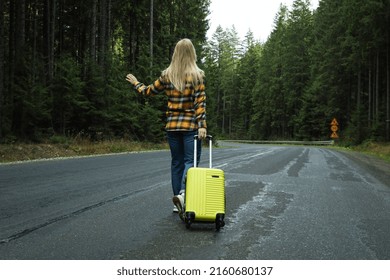 Adventure And Tourism Concept, Young Woman Traveling By Auto Stop