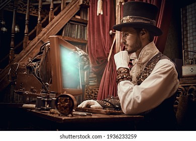 Adventure World Of Steampunk. Scientist Steampunk Man Inventor Works At The Computer In His Laboratory. Victorian Interior.