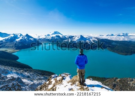 Adventurous athletic male hiker standing at the summit of Panorama Ridge, looking at Garibaldi Lake on a beautiful sunny day.