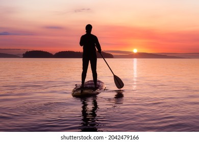 Adventurous Caucasian Adult Woman On A Stand Up Paddle Board Is Paddling On The West Coast Of Pacific Ocean. Sunny Sunrise Sky Art Render. Victoria, Vancouver Island, BC, Canada.