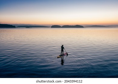 Adventurous Caucasian Adult Woman On A Stand Up Paddle Board Is Paddling On The West Coast Of Pacific Ocean. Sunny Sunrise. Victoria, Vancouver Island, BC, Canada.