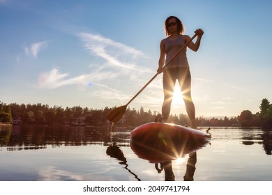 Adventurous Caucasian Adult Woman Paddling On A Stand Up Paddle Board In Water At A City Park. Sunny Sunset Sky. Gorge Park, Victoria, Vancouver Island, BC, Canada.