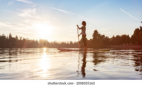 Adventurous Caucasian Adult Woman Paddling On A Stand Up Paddle Board In Water At A City Park. Sunny Sunset Sky. Gorge Park, Victoria, Vancouver Island, BC, Canada.