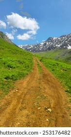 An adventurous dirt path leads through a vibrant green valley towards majestic snow-capped mountains under a clear blue sky.
📍 Hawraman Takht - Uraman takht, Kurdistan province - Iran