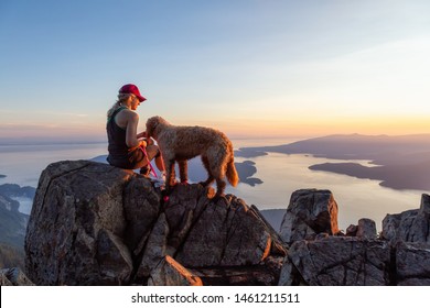 Adventurous Girl is hiking with a dog on top of St. Mark's Mountain during a sunny summer sunset. Located in West Vancouver, British Columbia, Canada.