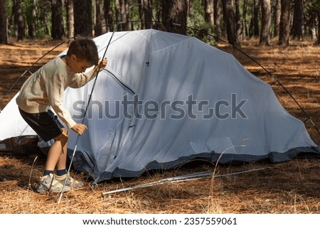 Adventurous Young Boy Setting Up Camp in the Wilderness