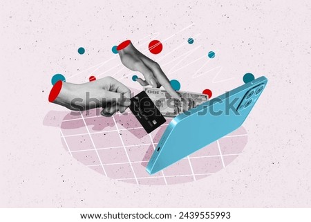 Advertisement collage promo picture of eshopping virtual transaction using ecard and cashback in smartphone isolated on pink background