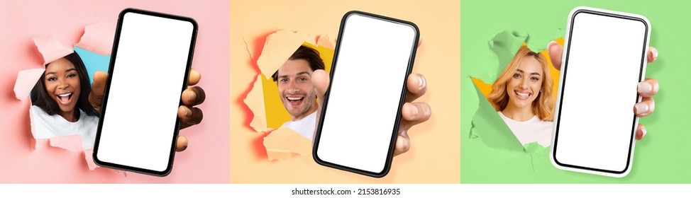 Advertisement Concept. Three Excited Young Diverse People Holding 3 Big Smartphone With White Blank Screens In Hand, Showing Gadgets With Empty Free Copy Space Through Torn Paper Hole, Banner Panorama