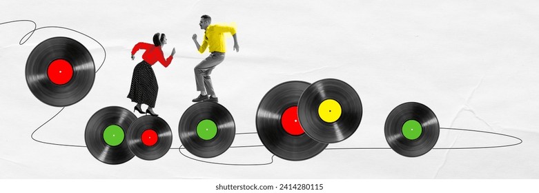 Advertisement for a cultural festival celebrating the 1950s, complete with music and dance events. Stylish young man and woman in retro clothes dancing on various vinyl records. Banner for event - Powered by Shutterstock