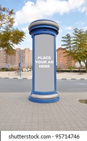 Advertisement Kiosk with Place Your Ad Here on sidewalk in Mediterranean Spain Europe City