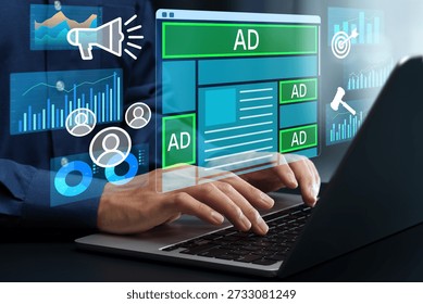 Advertising analytics and effectiveness measurement. Programmatic ads management. Marketer optimizing advertising performance on a laptop computer.