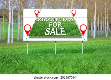 Advertising Billboard In A Rural Scene With Vacant Land For Sale For The Construction Of Residential Buildings - Construction Industry In A Vacant Lot Concept With An Imaginary Cadastral Map. 