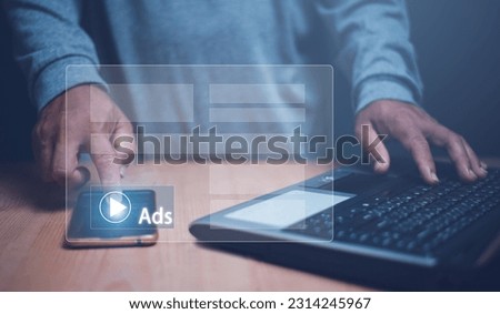 Advertising branding marketing concept, Businessman using smartphone and laptop computer for programmatic advertising, Ads dashboard digital marketing strategy analysis for branding.