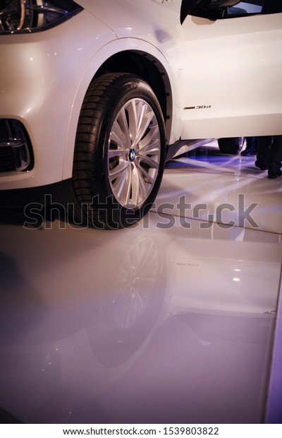 advertising car BMW, Moscow,\
1.11.2018: concept demonstration, wheels, tires, metal, car surface\
closeup