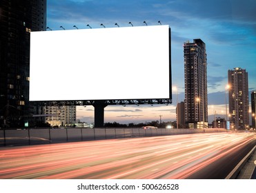 Advertising Concept, Blank Template  For Outdoor Advertising Or Blank Billboard On The Highway During The Twilight. With Clipping Path On Screen - Can Be Used For Trade Shows, Promotional Poster.