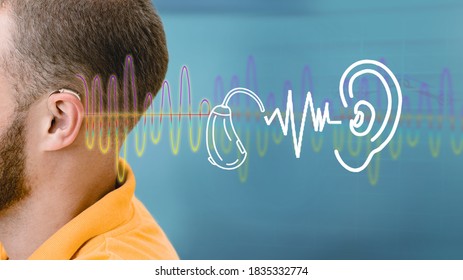 Advertising Hearing Solution. Hearing Test, Sound Waves Showing Modern Deafness Diagnostic Over Male Ear With BTE Hearing Aid