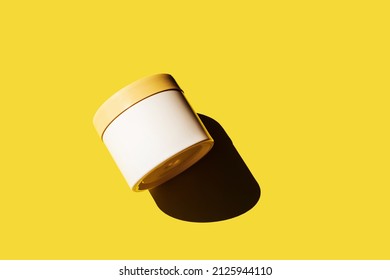 Advertising Isolated Container On Bright Sunny Yellow Background. Skincare, Bodycare Beauty Product In Plastic Pot Package Concept. White Unbranded, Balsam, Face Or Hand Creme Jar Mockup