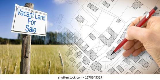 Advertising metal signboard in a rural scene with Vacant Land for Sale written on it and an imaginary cadastral map of territory with buildings, fields and roads against a green area.