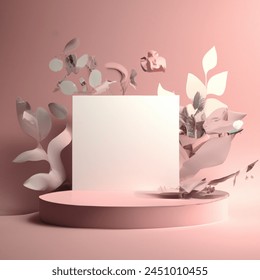 Advertising - podium photo of abstract pink botanical minimal background with organic shapes and line leaves