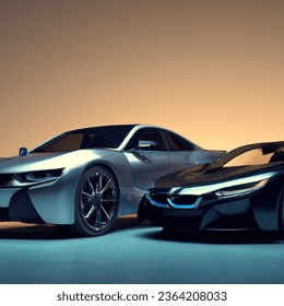 Advertising - podium photo of bmw i8 and dodge challenger, night , ultrarealistic