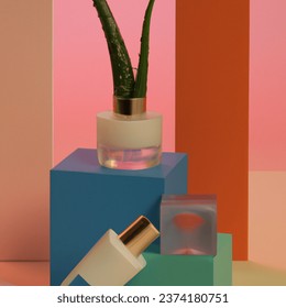 Advertising - podium photo of cosmetics, perfumery, pastel colors, products, aloe
