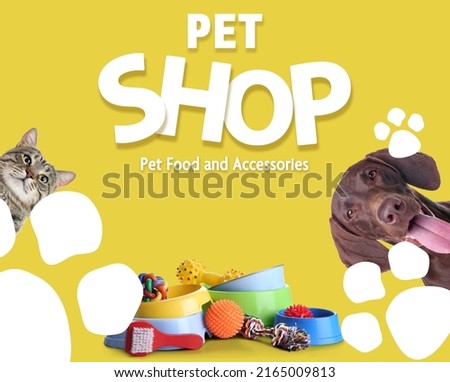 Advertising poster design for pet shop. Cute cat, dog and different accessories on yellow background