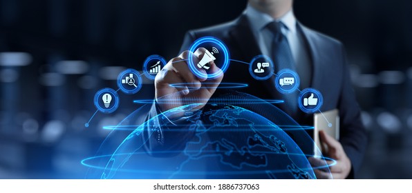 Advertising Advertising PR Public relations concept. Businessman pressing button on screen. - Shutterstock ID 1886737063