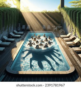 Advertising - product photo of bad guys swimming in a pool in daylight