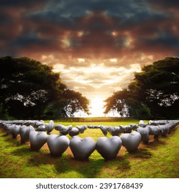 Advertising - product photo of a cemetery with heartshape tombstones in the sunrise