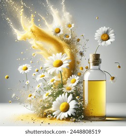 Advertising - product photo of some chamomile powder and chamomiles in the air and in the middle. on the left, a small amount of yelloe powder coming out of the chamomile is spraying towards the left. on the right side, a small amount of dark-yellow